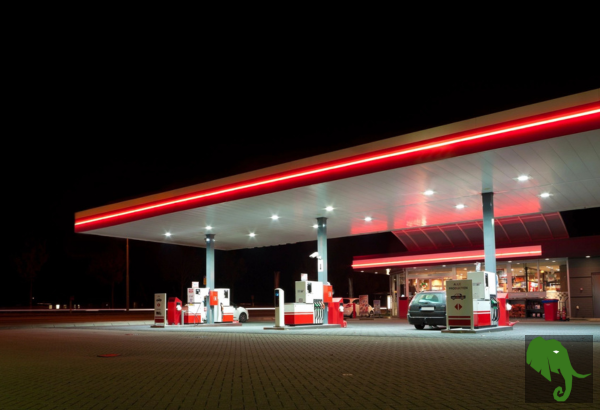 Gas station after dark with lights on