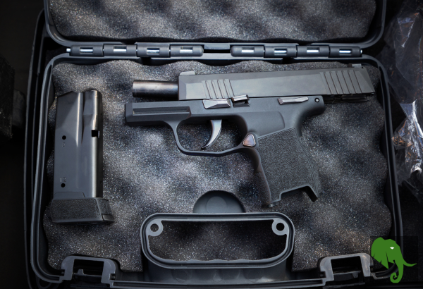 Pistol and a magazine in a foam-lined carry case